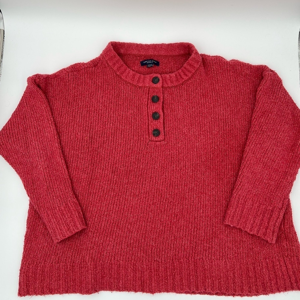American Eagle Chenille Chunky Knit Jegging Fit Pink Relaxed Henley Women’s XL